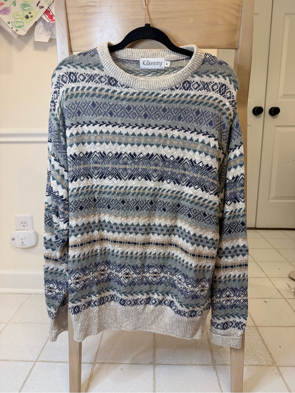 Vintage Kilkenny Cream, Blue, and Green Patterned Crewneck Sweater